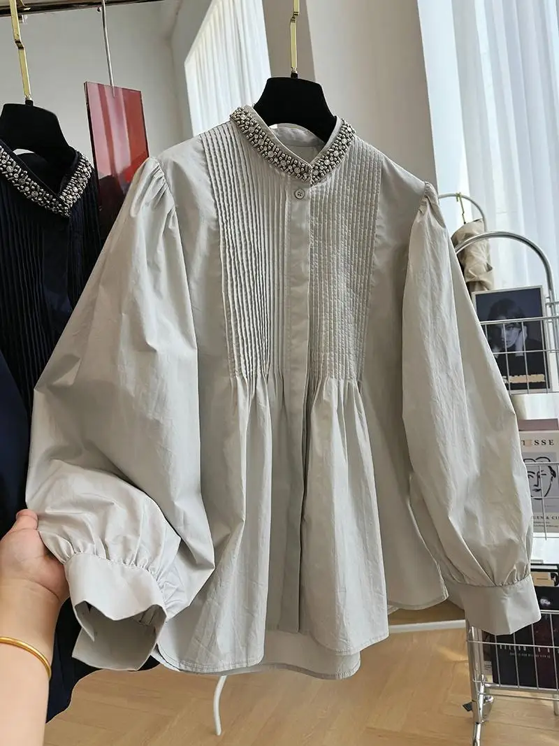 

Рубашка SuperAen с воротником-стойкой и стразами, хлопковая, с длинными рукавами, для женщин, в корейском стиле, модная, элегантная