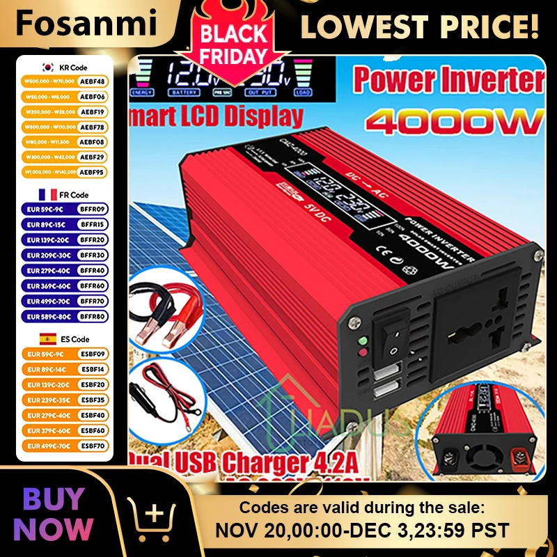 

LCD Display Solar Inverter, Dual USB Charging Port, Car Inverter, Mobile Phone, Laptop, 12V to 220V, 3000W-6000W