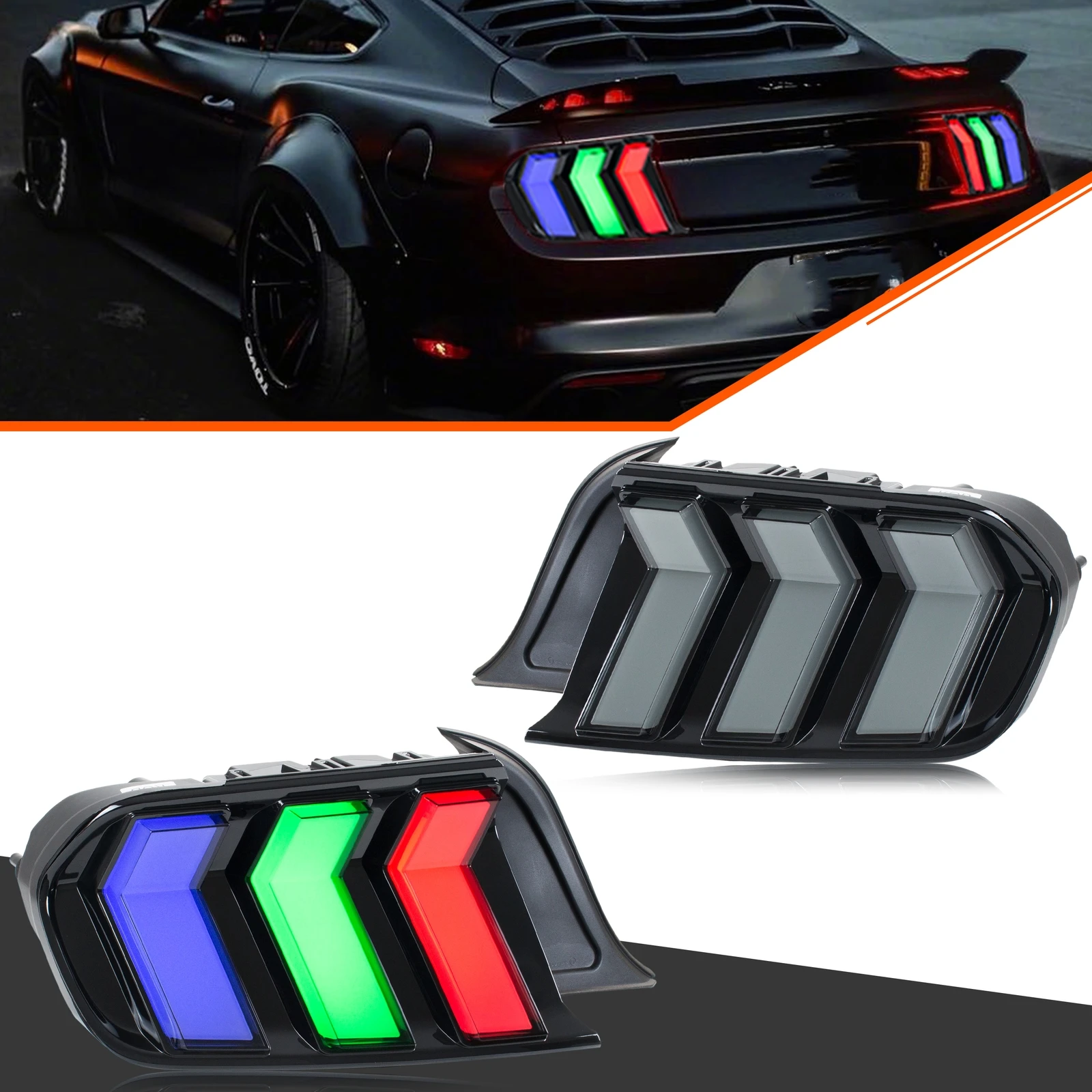 Luces Traseras LED RGB para Ford Mustang S550 GT 2015-2023 V6 V8, Señal de Giro Secuencial, Luces Traseras Ahumadas Coloridas