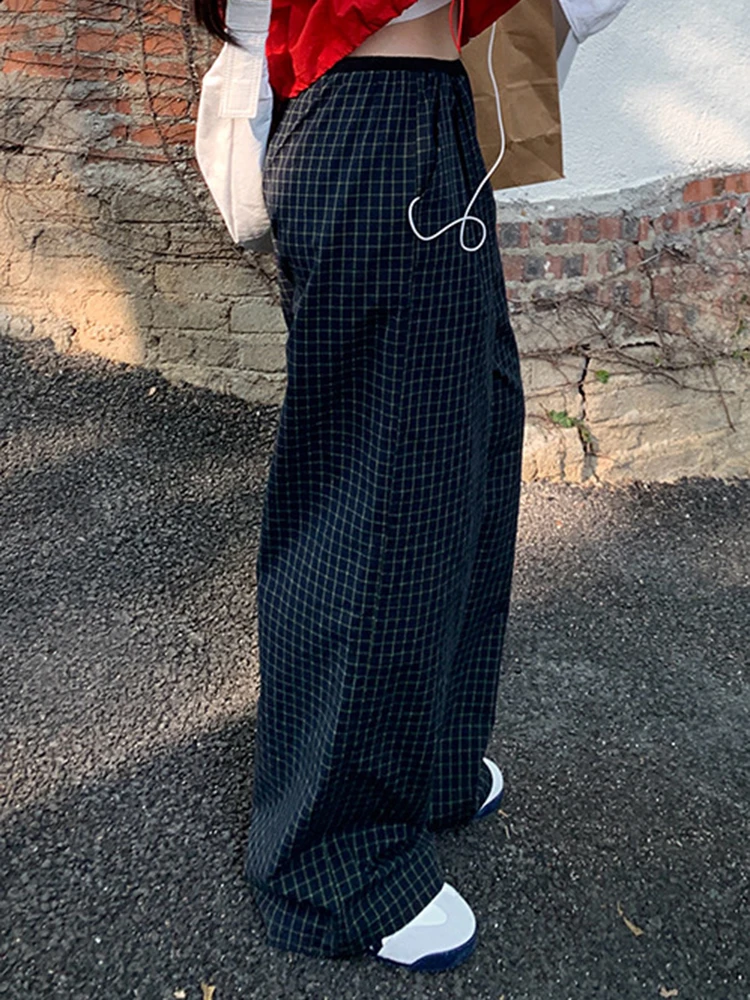 YERMORA Hoge elastische taille blauwe geruite trekkoord wijde pijpen broek voor vrouwen losse pasvorm nieuwe broek mode tij lente herfst 20