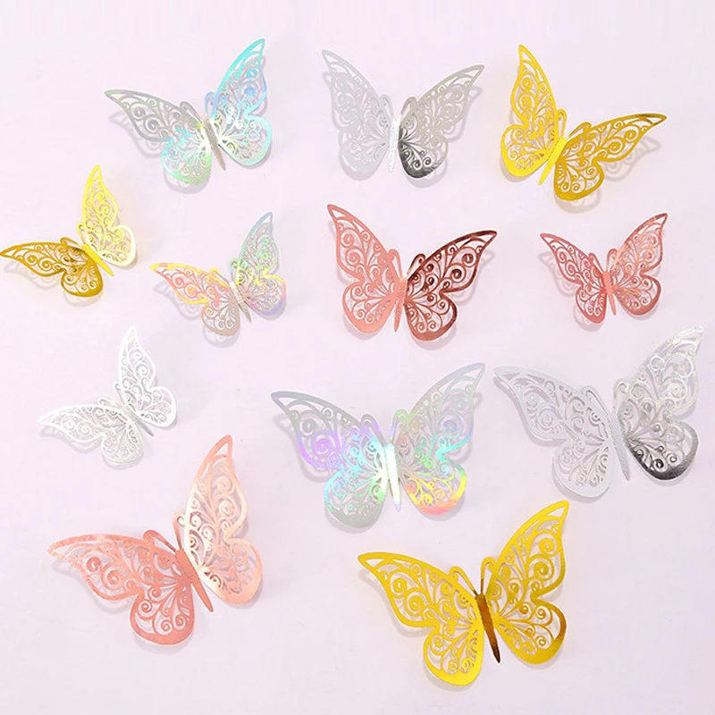 24/48/60pcs Rose Gold Silver Hollow Butterfly Wall Stickers 3D Butterflies for Bedroom Living Room Home Applique Wedding Decor