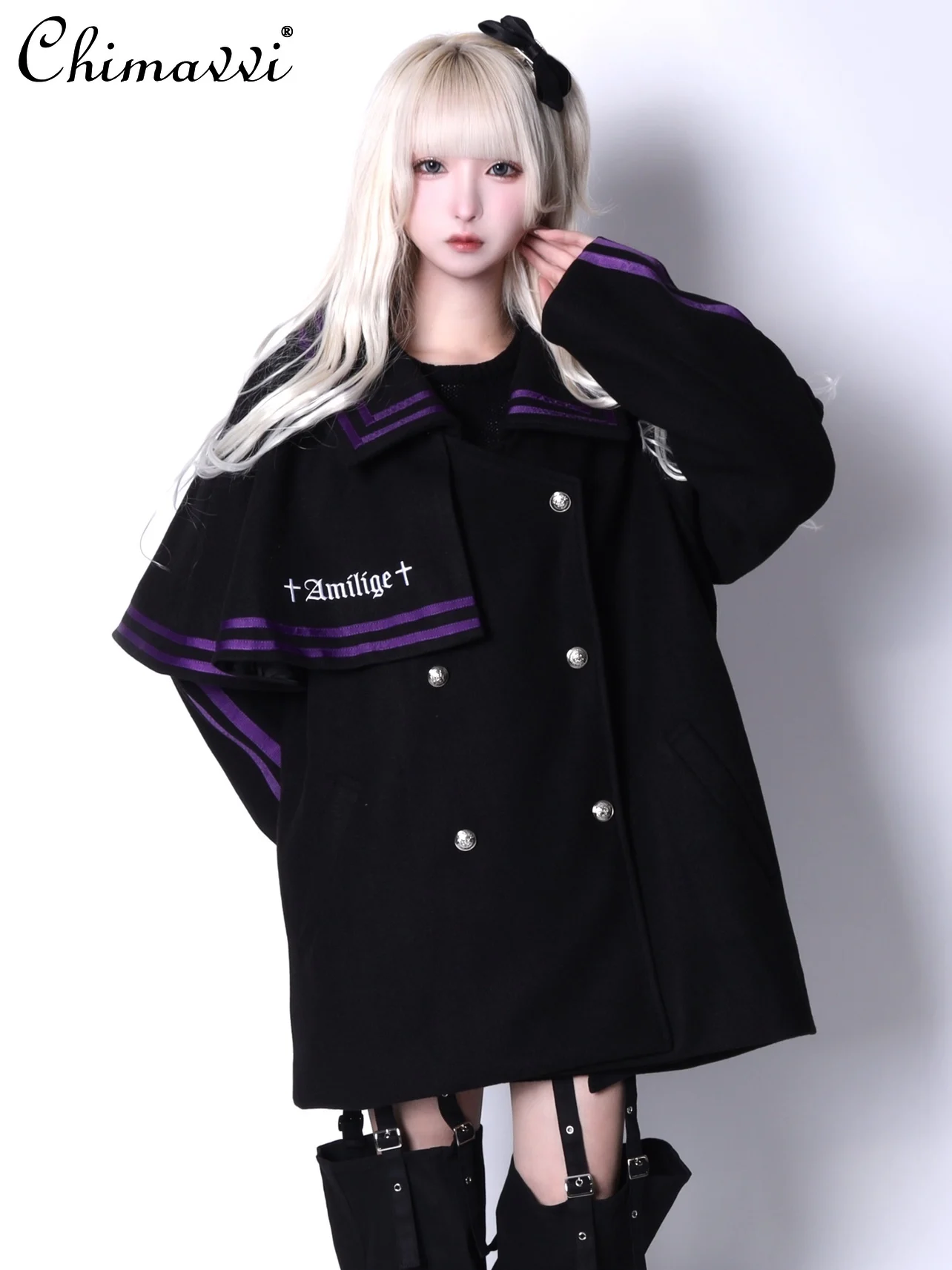 Japanese Mine Series Mass-produced Long-sleeved Loose Jackets Women Autumn and Winter New Subculture Double-breasted Cloak Coat