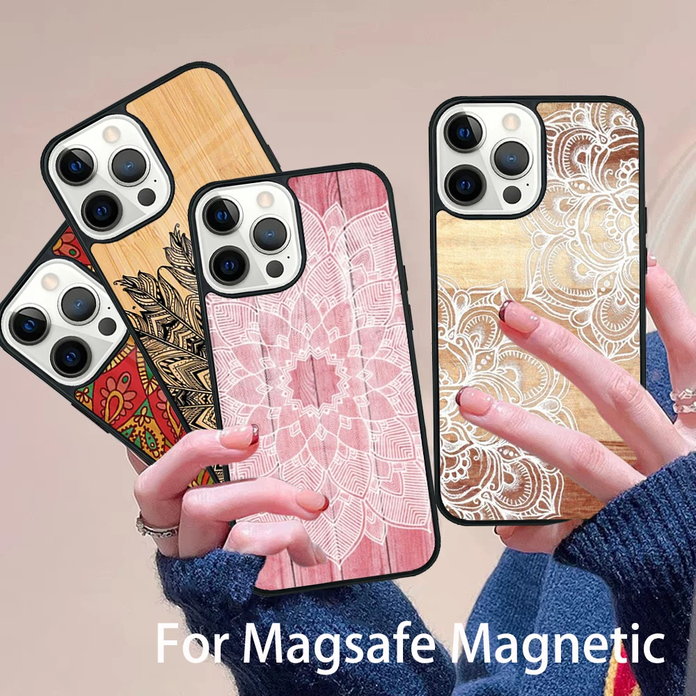 

Mandala Floral Wood Phone Case Magesafe Magnetic Wireless Charge Cover For IPhone 16 11 12 13 14 15 Pro Max Plus