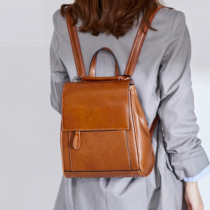 Genuine Leather Women Backpack Cross Body Shoulder Bags School Laptop Fashion Retro Oil Wax Cowhide Female Messenger Backpacks