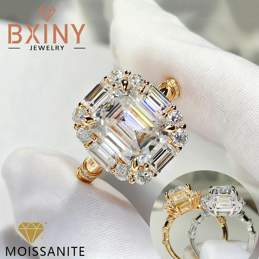

BXINY 5CT Emerald Cut Full Moissanite Ring S925 Silver Plated 18K Gold for Women Wedding Band Gift Fine Jewelry With Certificate