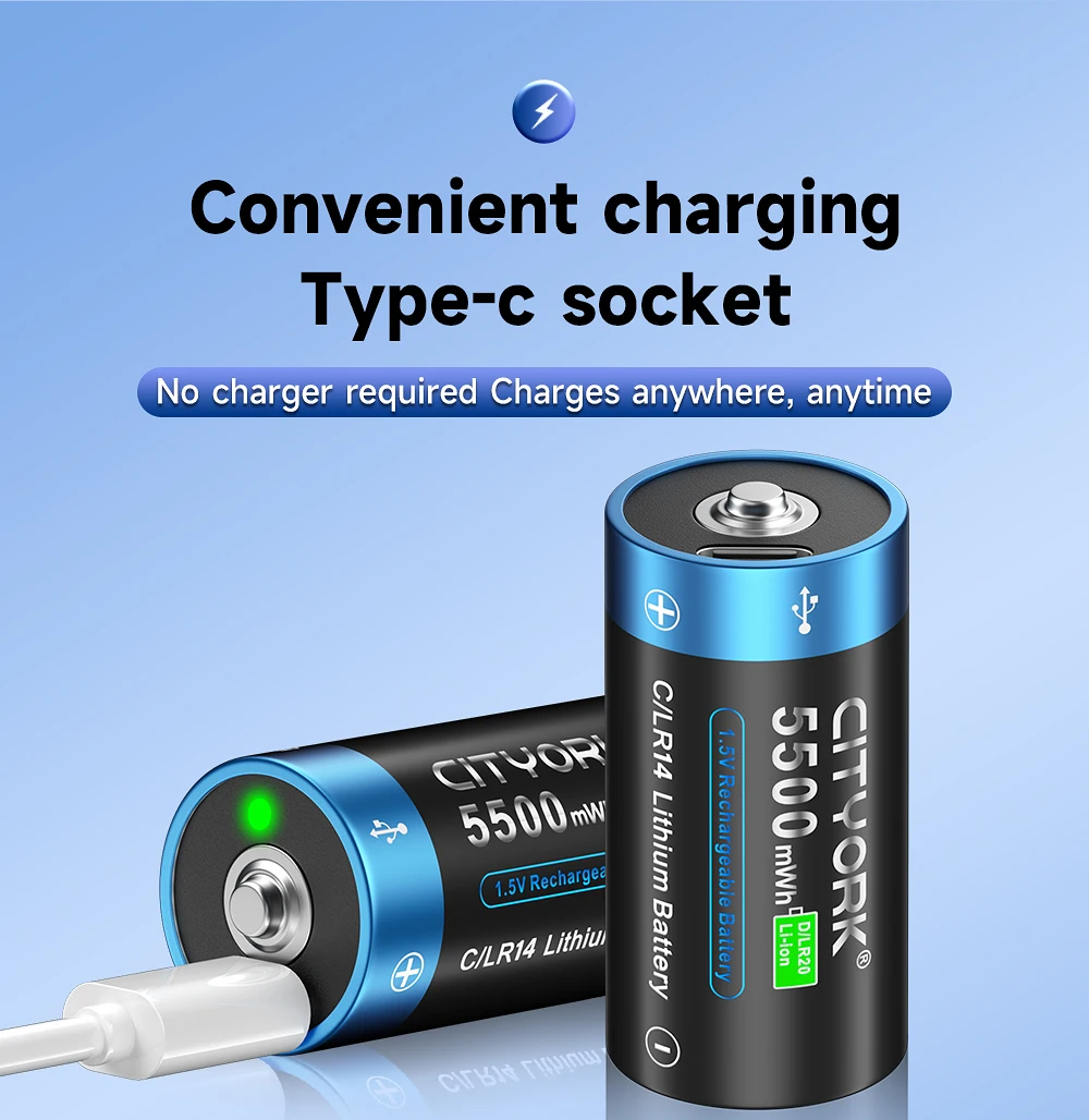 CITYORK 1,5 V R14 LR14 Akku C-Batterien Li-Ion Typ-C USB-Aufladung für Taschenlampe Gaskocher 100 % Original – Detail 10