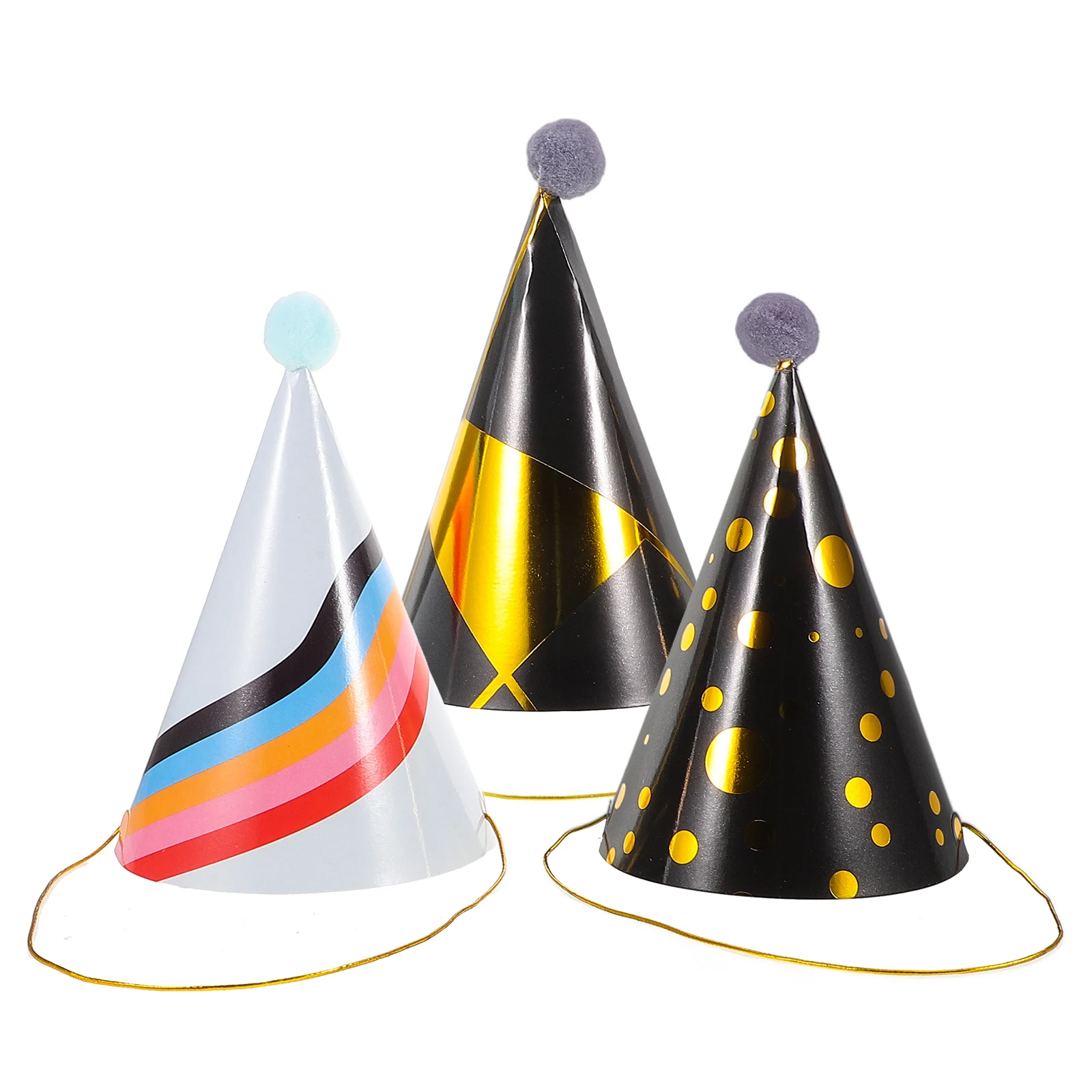 

3pcs Golden Cone Kids Party Paper Celebration Hats Pom Poms First Birthday Decorations Bulk Party Supplies Cone Paper Hats Kids