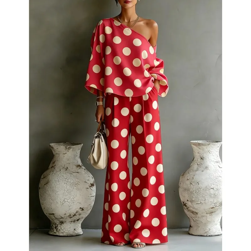 Women's Polka Dot 2 Piece Outfit One Shoulder Blouse And Wide Leg Pants Set Casual Loose Summer Party Tracksuit Elegant New 2026 view 5