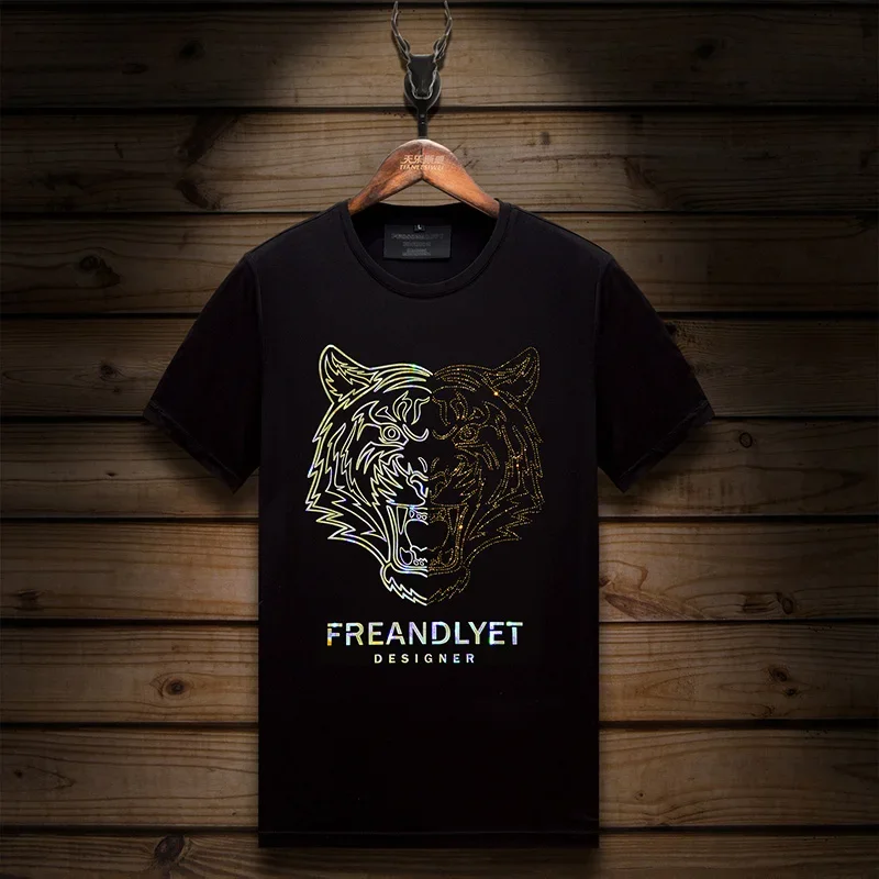 

2024 Fashion Clothing T Shirt for Men Tiger Head Rhinestones O Neck Short Sleeve Slim Summer Thin Casual T-shirts Plus Size 6XL