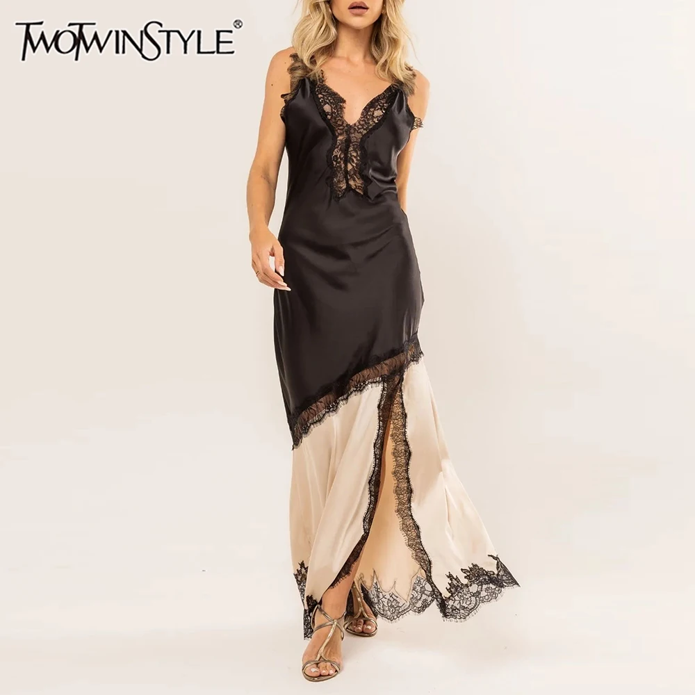 TWOTWINSTYLE Colorblock Sheer Spliced Lace Sexy Long Dresses for Women V Neck Sleeveless Split Elegant Dress Female Clothing New