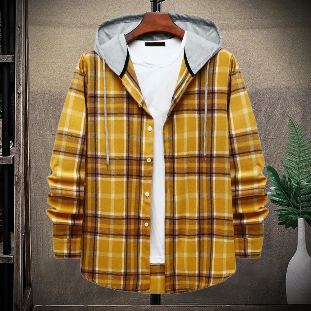 Men Spring Autumn Shirt Retro Plaid Print Drawstring Hooded Simple Style Men Shirt Keep Warm Single-breasted Buttons Men Shirts