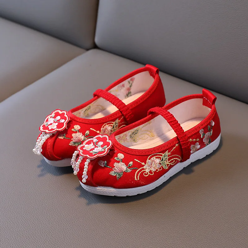 Chinese Vintage Cloth Shoes Baby Girls Kids Shoes Flats Flowers Embroidery Dancing Beading Tassel Princess Old Beijing Children