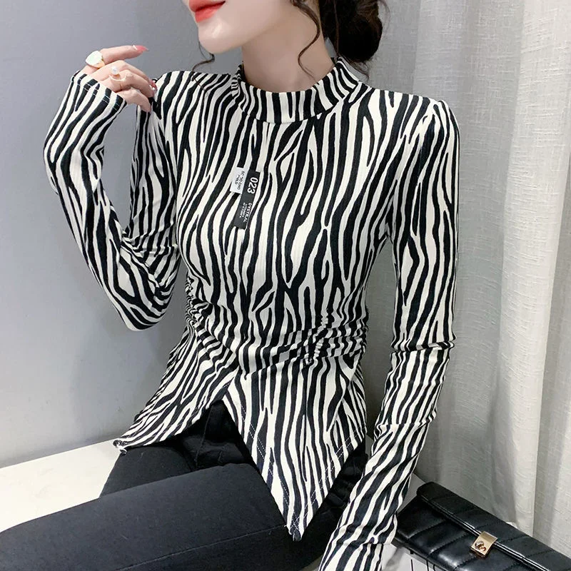 

and Spring autumn new Korean version stand-up collar pleated irregular top women's bottoming shirt T-shirt