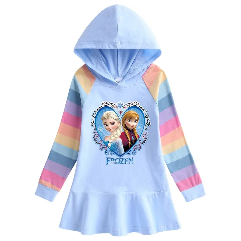 Disney Girls Dress Quality Cotton Autumn Rainbow Clothing for Children Long Sleeve Kids Bluey Frozen Elsa Clothes Hooded Skirt