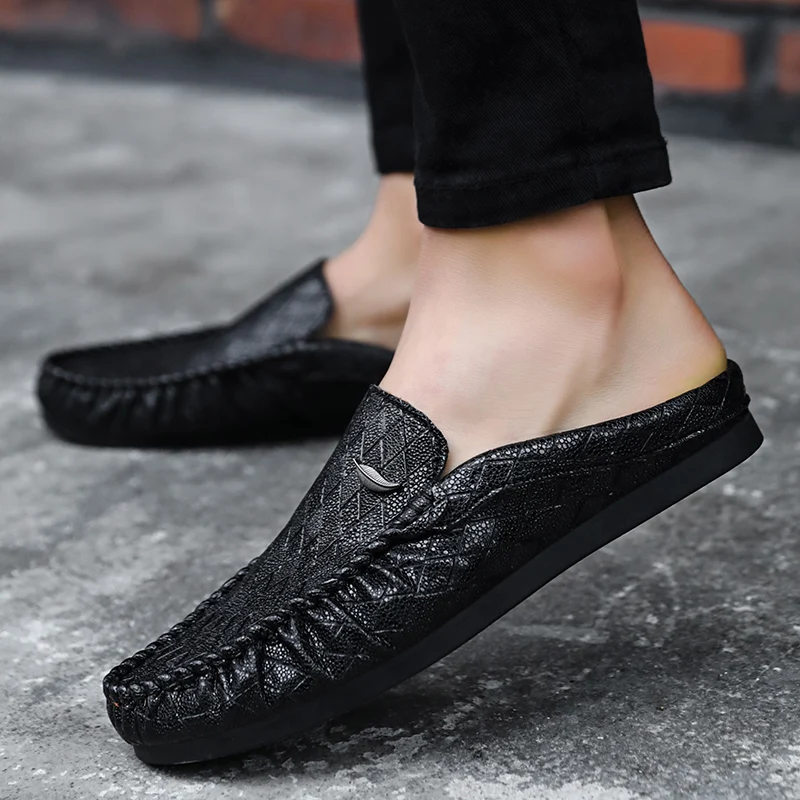 Leather Mules Men Slippers Backless Loafers Moccasins Outdoor Non-slip Man Casual Shoes Summer Slides Sandal Half Shoes For Men
