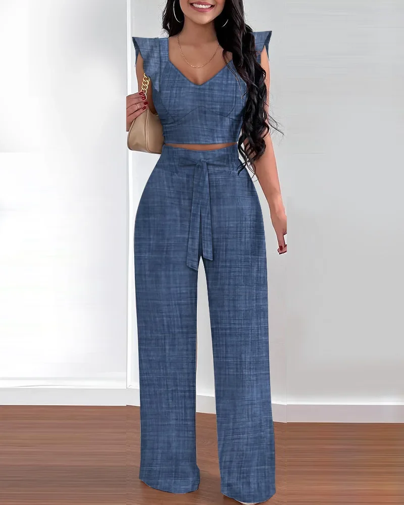 Fashion Ruffle Hem Shirred Crop Top & High Waist Pants Set Women Two Piece Sets