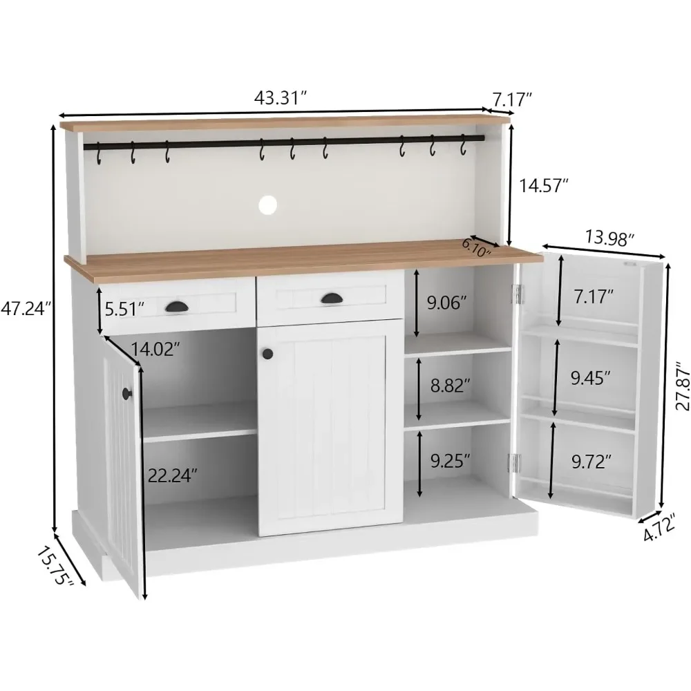 Farmhouse Kitchen Buffet with 2 Drawers, with Adjustable Shelves and 3 Doors, Versatile Kitchen Cabinets