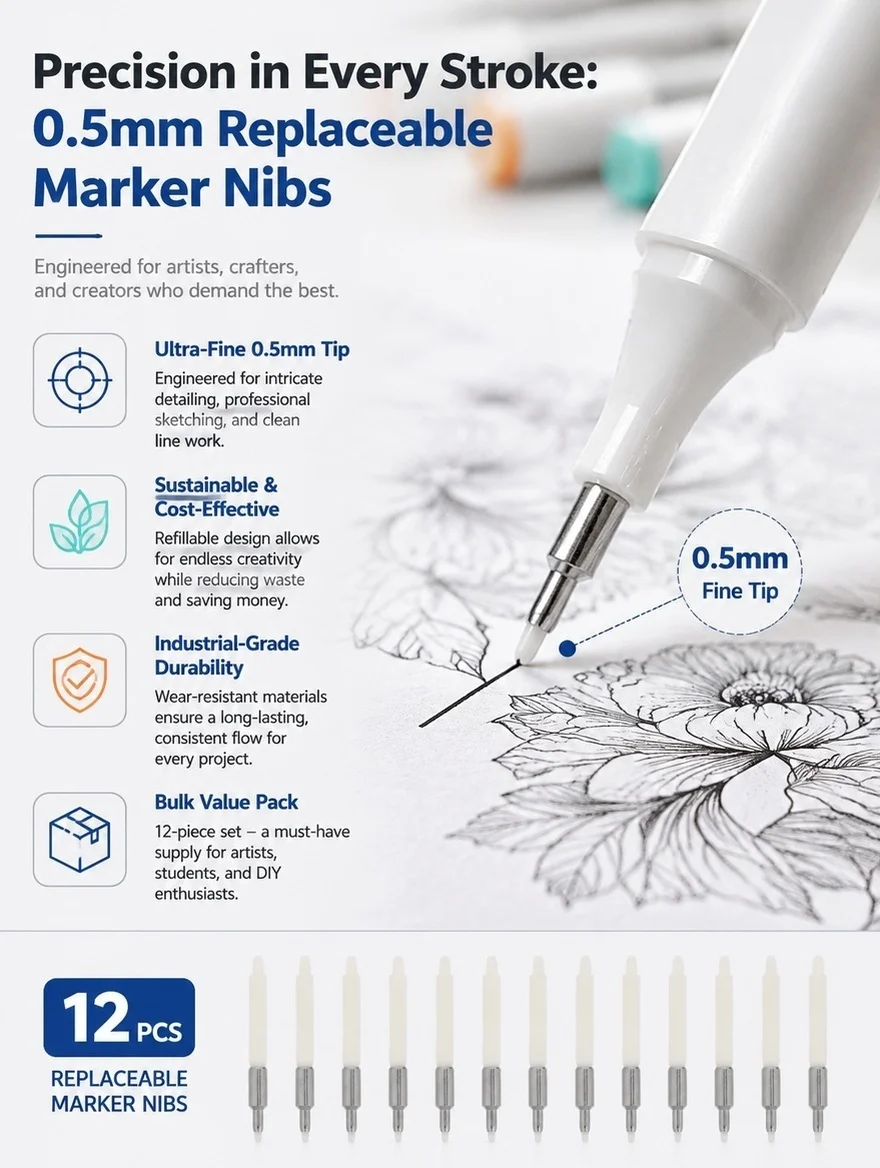 12 Pcs Painting Pen Nibs Tip Refillable Marker Pens Replacement Tips for Marking Points