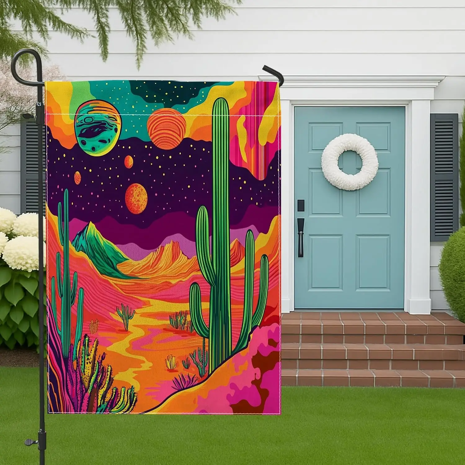 Western Tropical Cactus Front Yard Backyard Vertical Garden Flags 12x18 Double Sided for Outside, Psychedelic Succulent Land MMZ