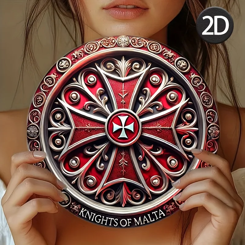 2D Flat, 2D Flat Vintage Maltese Knight Aluminum Wall Decor Decorative Plaque, Exquisite Red and Golden Design, Ideal