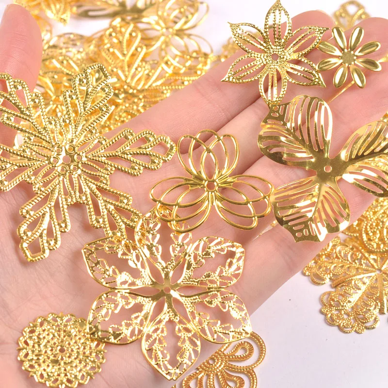 10-50pcs golden Filigree Wraps flower Connectors Metal Crafts Headwear accessories for Jewelry Making 20-70mm YKL0910