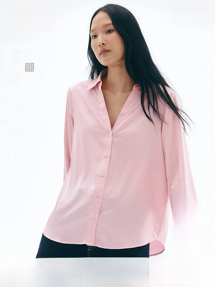 

H&M Women's Shirt Summer Lazy Atmosphere Loose V-neck Glossy Satin Minimalist Shirt Casual Style Long Sleeve Pure Color