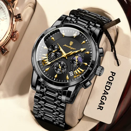 Imagen 1 del producto Reloj POEDAGAR Original a la moda para hombre, cronógrafo luminoso resistente al agua con fecha, relojes de lujo para hombre, relojes de cuarzo de acero inoxidable para hombre