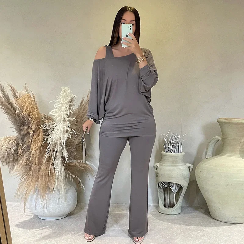 

Women Solid Casual 2 Piece Set Skew Collar Off Shoulder Batwing Long Sleeve T-shirts Tops + Flare Pants 2025 Autumn Tracksuits