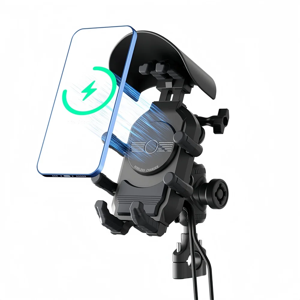 

‌15W Wireless Charging Motorcycle Phone Mount Anti-Theft & Octopus Shock Absorber Handlebar Bracket USB-A+C Ports for E-Bike