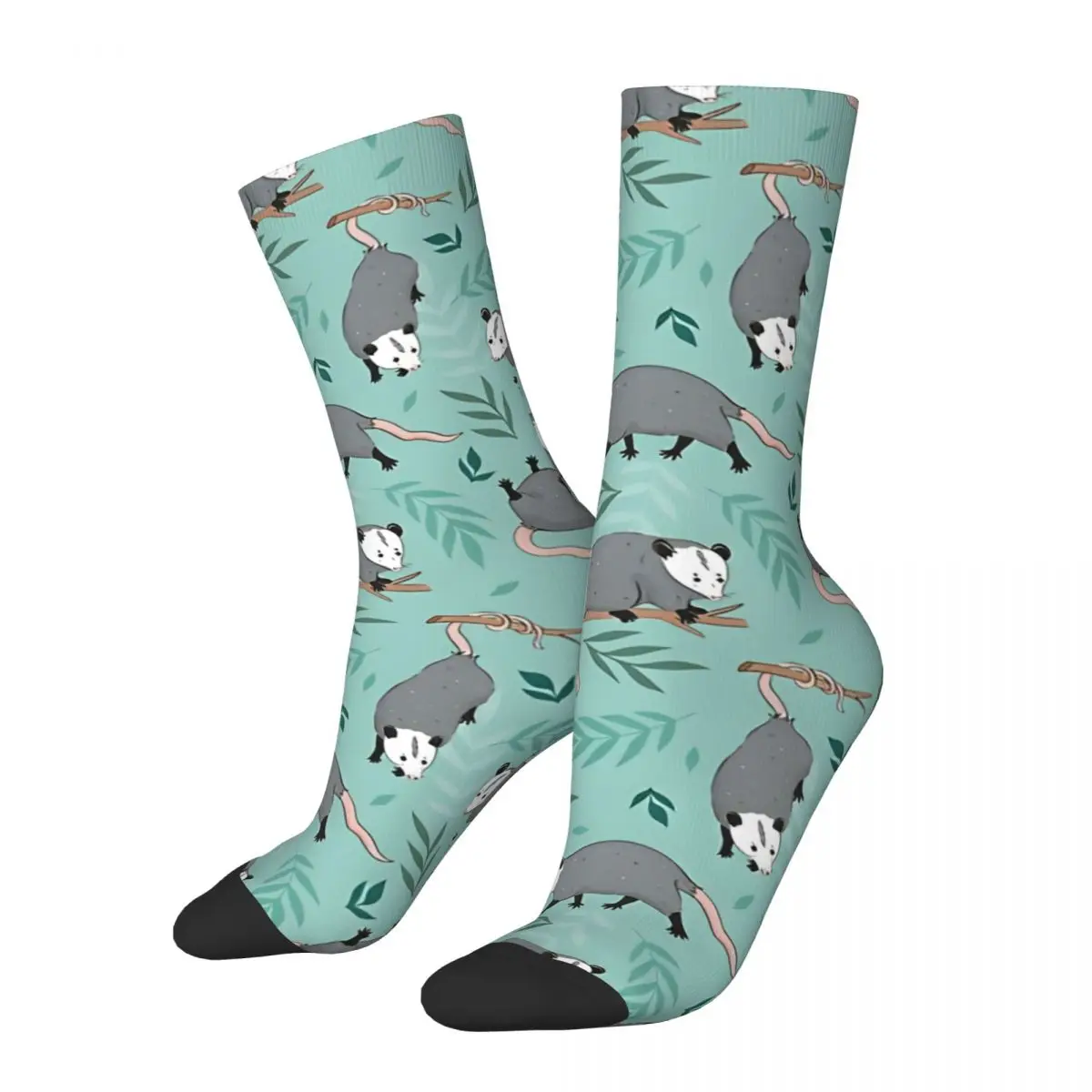 Funny Happy Sock for Men Possum And Leaves Vintage Opossum Breathable Pattern Printed Crew Sock Casual Gift