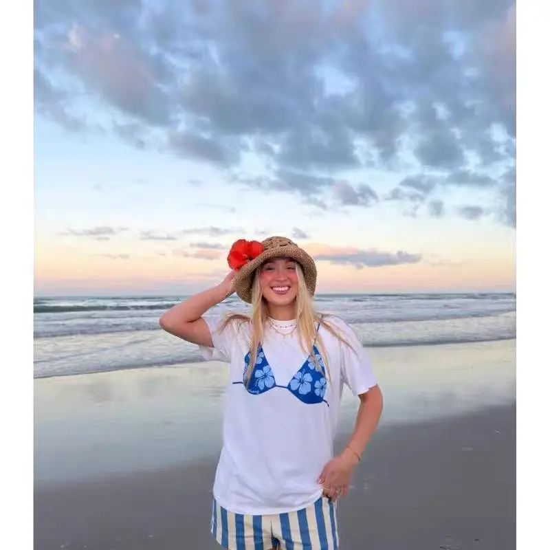 European and American Retro Summer Aesthetics Beach Bikini Bra Print Spicy Girl Y2K Street 100% Pure Cotton Women's T-shirt