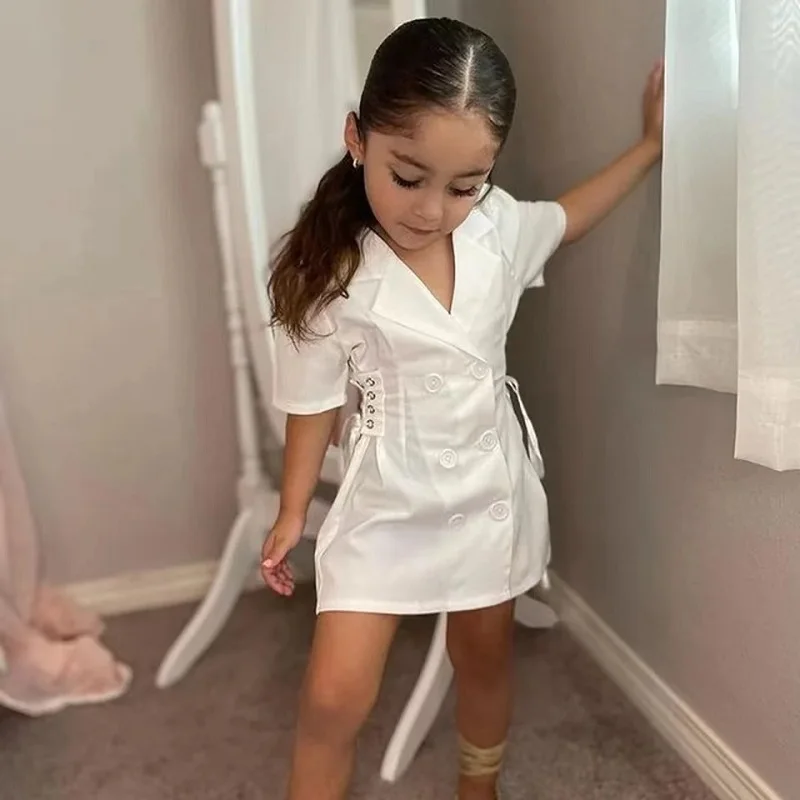 Fashion Children Girls Dress 2-8Years Teen Kids Solid Color Short Sleeve V-Neck Bandage Waist Jacket Mini Dresses Blazer Clothes