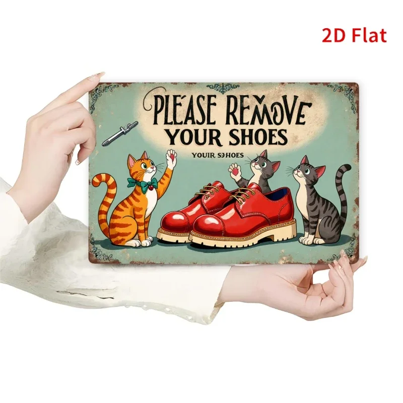 2D Flat Printing, Retro Square Sign - Cat Welcoming Shoes Politely, 8X12 Inches - Suitable for Home Decor, Bar Decoration, And O