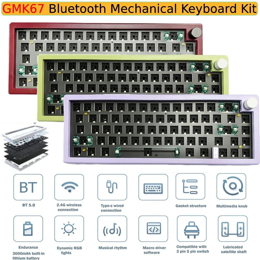 

GMK67 Механическая клавиатура по индивидуальному заказу с RGB-подсветкой Bluetooth 2,4G Беспроводная 3-режимная прокладка с возможностью горячей замены Комплект индивидуальной клавиатуры