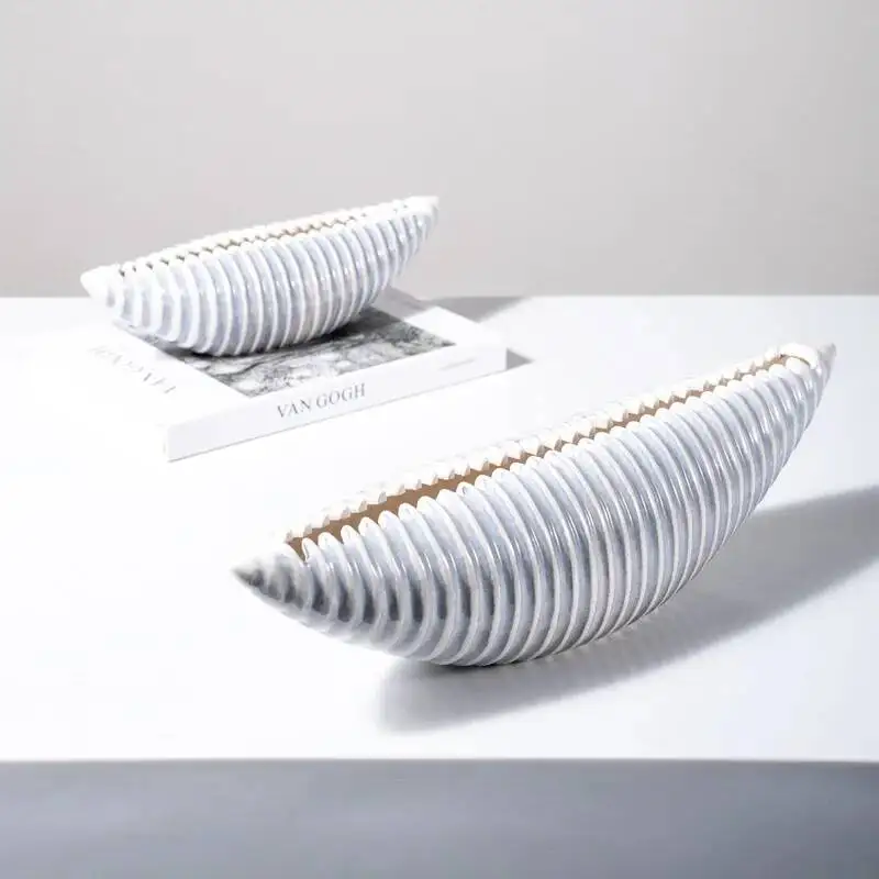 Ceramic Handicraft Striped Shell Clam Geometric Ornament Desktop Storage Accessories Decorative Figurines Room Decoration