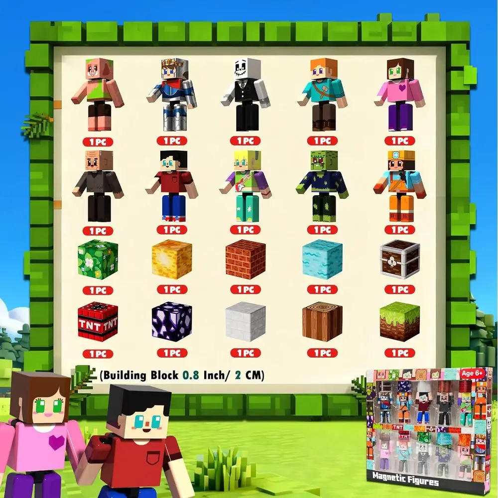 مجموعة مكعبات بناء مغناطيسية من STEM مع شخصيات الحركة - 20 قطعة للأطفال، هدية مثالية لعيد الميلاد، لعب تعليمي ساحر