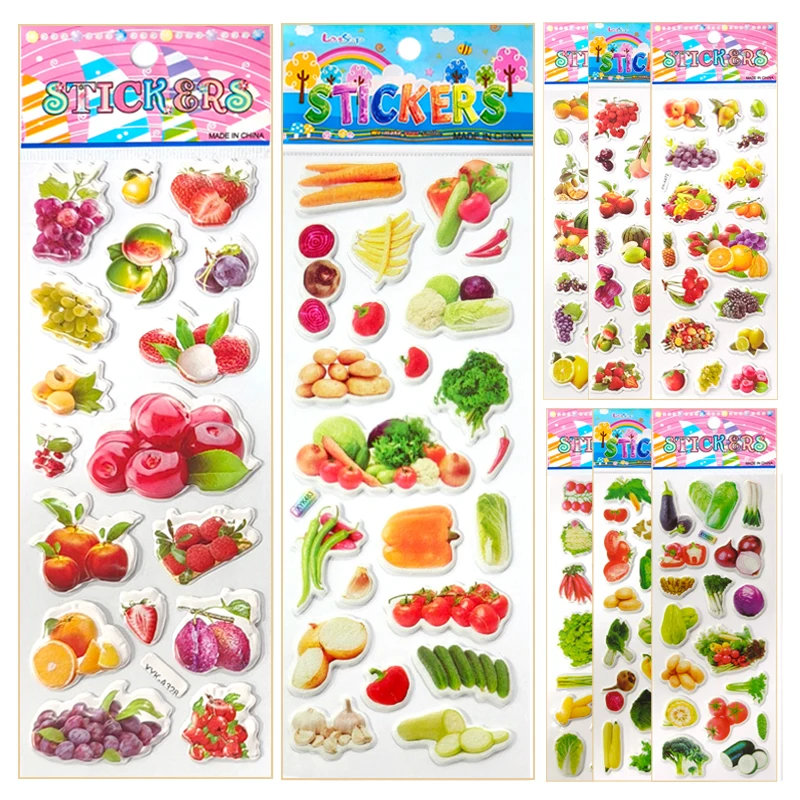 6/12 Sheets 3D Puffy Stickers Fruit Vegetable Bulk Stickers Scrapbook Decoration Birthday Festival Gifts for Adults Boy Girl ZYF