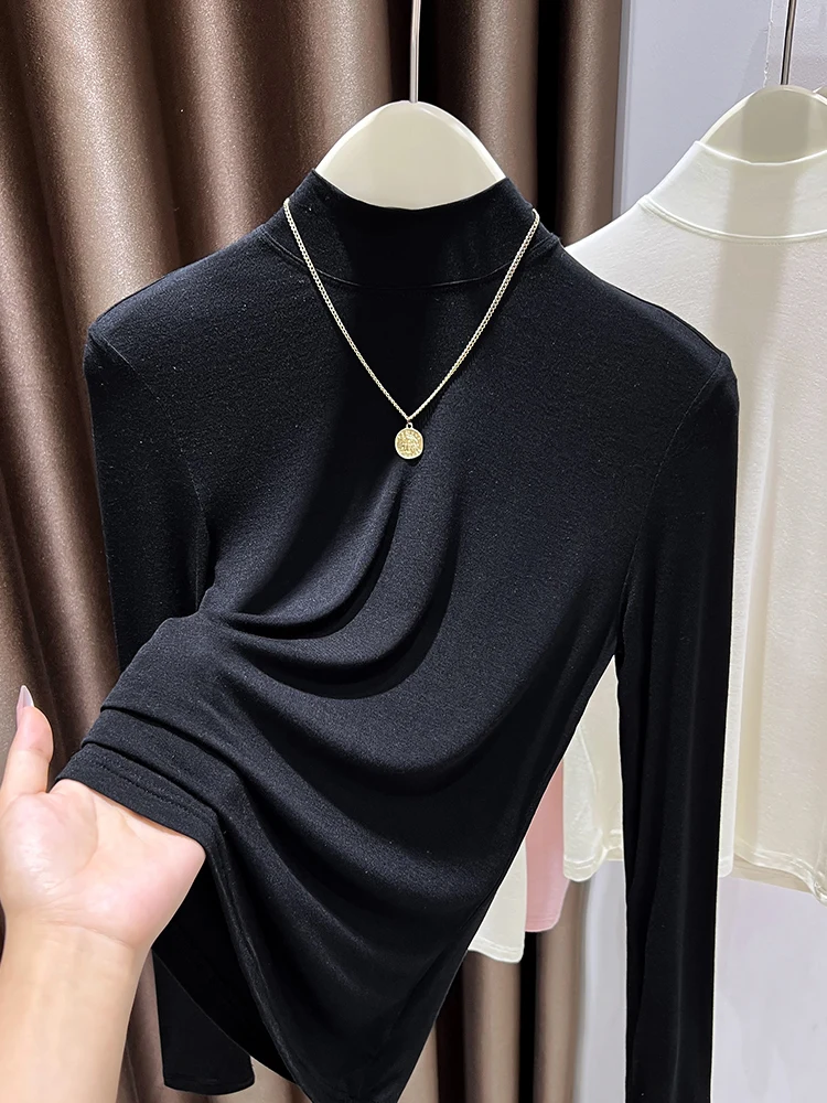 

Ele Soft Knitted Long Sve Base irt Women's Autumn Winter f High Collar Inner Wear T Bla Top Commute Sle Slim Fit