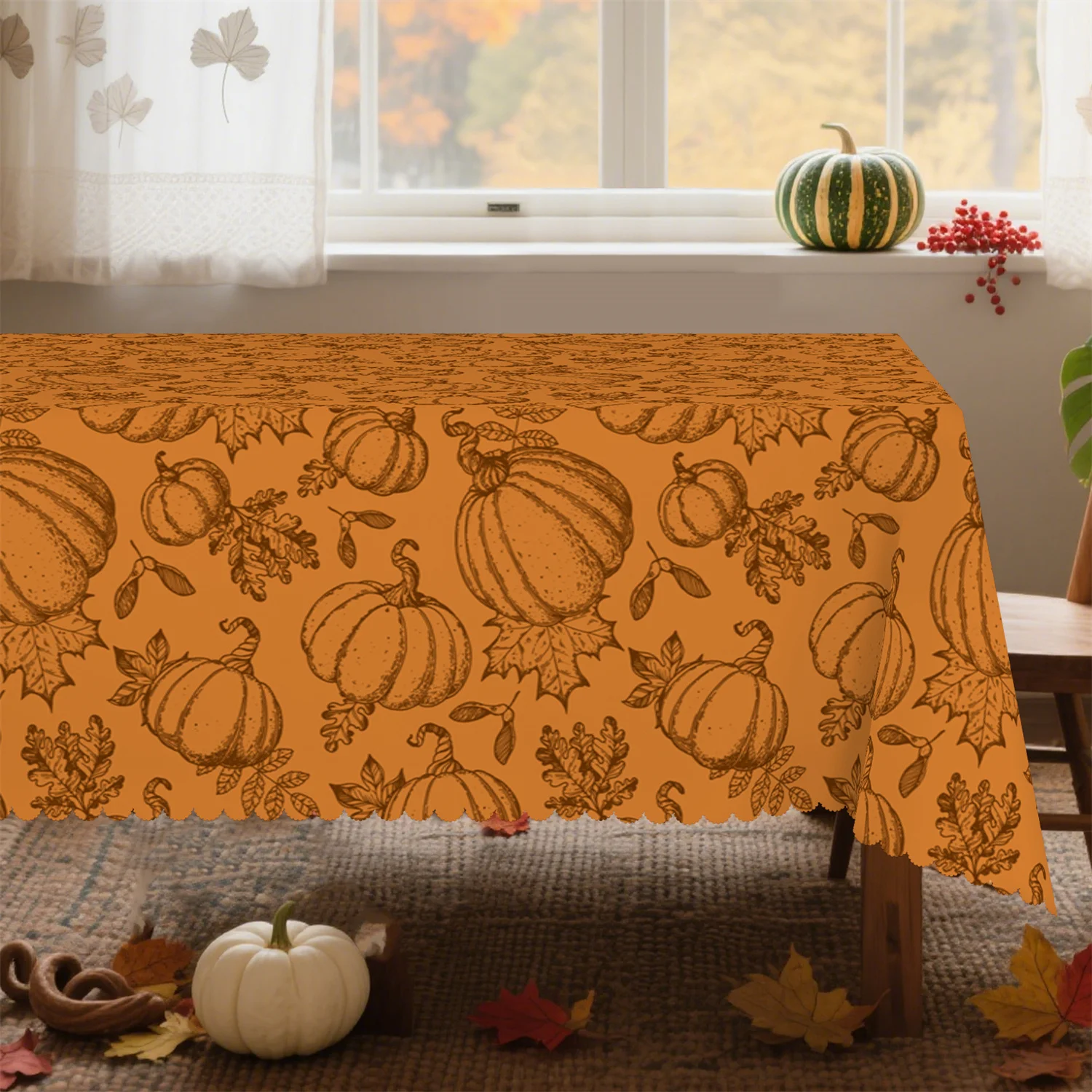 Orange pumpkin leaf tablecloth - Washable, rustic style decoration for autumn harvest and abundance