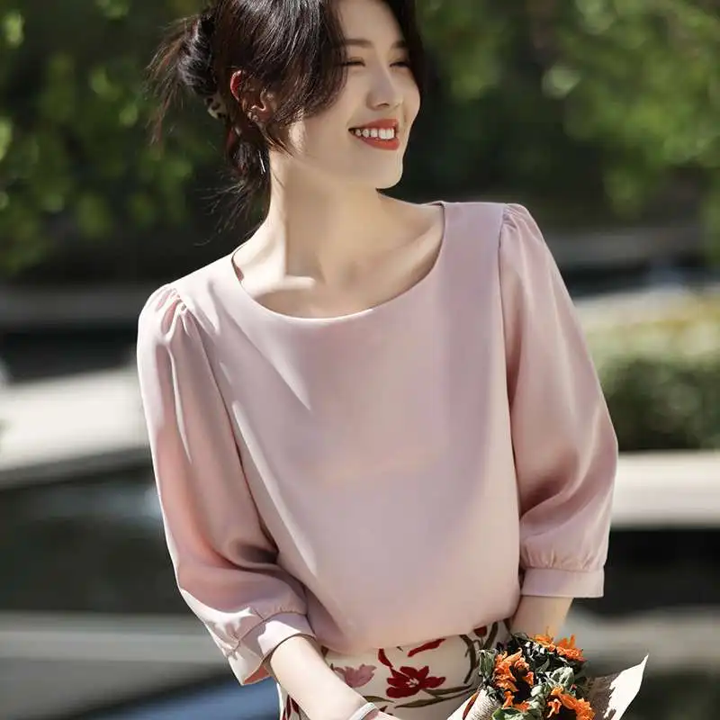 

French Sle Tee-quarter Sve Women Summer Thin Silk irt High Cleanfit Poly Fabric A-word Sve Other Material 00%