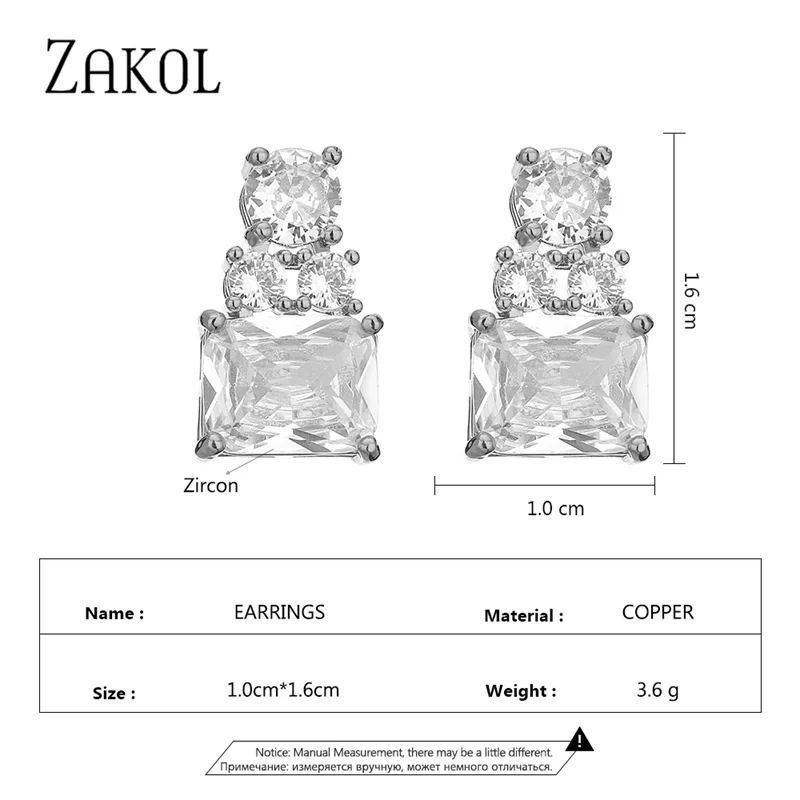 ZAKOL New Sliver Color Square Cubic Zirconia Stud Earrings for Women Light Blue Pink Bottle Crystal Earring Girls Party Jewelry