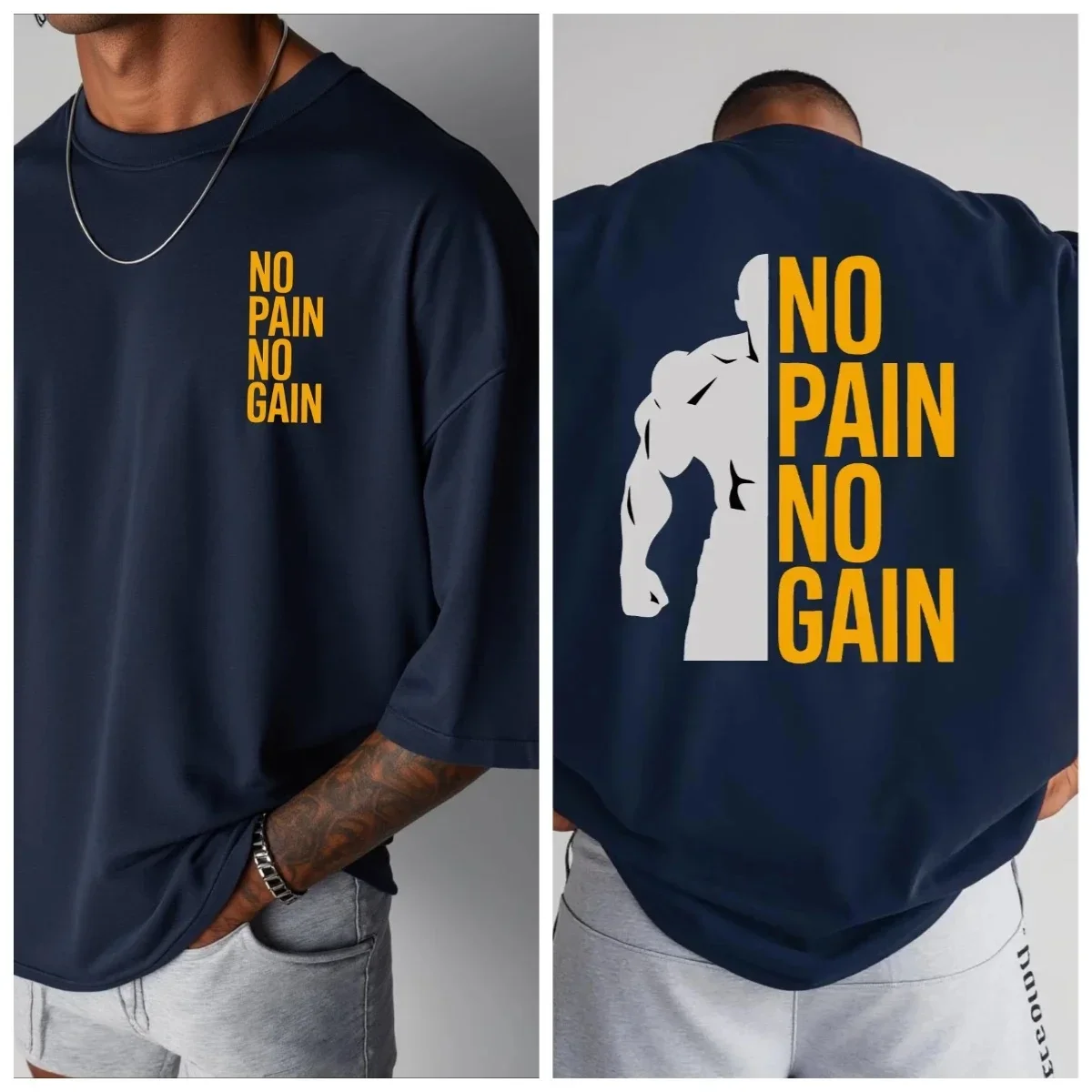 Fashion New Men's Oversized Gym T-Shirt No Pain No Gain Muscle Graphic Print Crew Neck Short Sleeve Workout Bodybuilding Tee