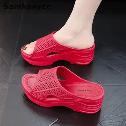 35-40 Women Slippers Wedges Sandals Summer Shoes Female Platform Beach Flip Flops Solid Mules Clogs Peep Toe Thick-Soled Slides