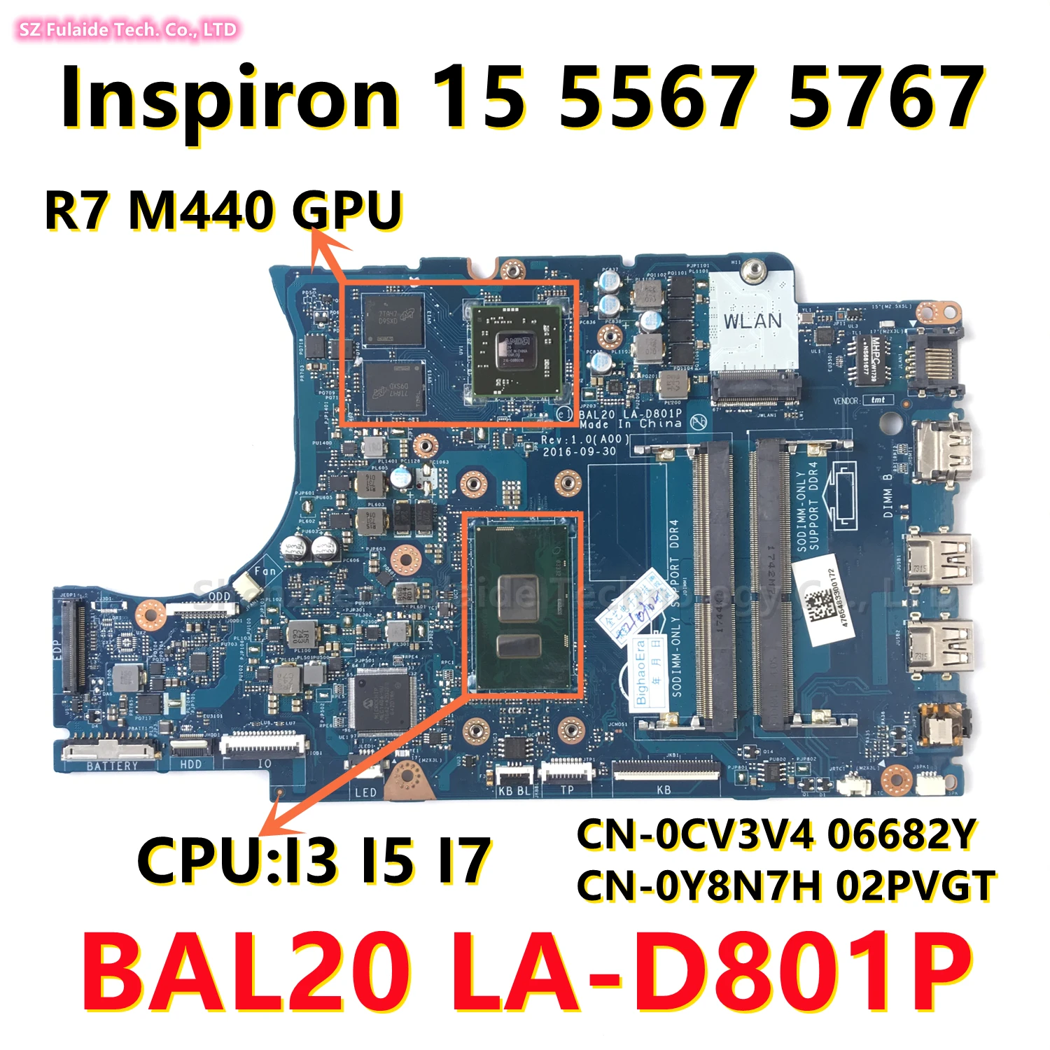 BAL20-placa base para ordenador portátil dell Inspiron 15, 5567, 5767, I3, I5, I7, CPU, LA-D801P, GPU, R7-440M, 06682Y, 0Y8N7H, 02, PVGT, CN-0CV3V4