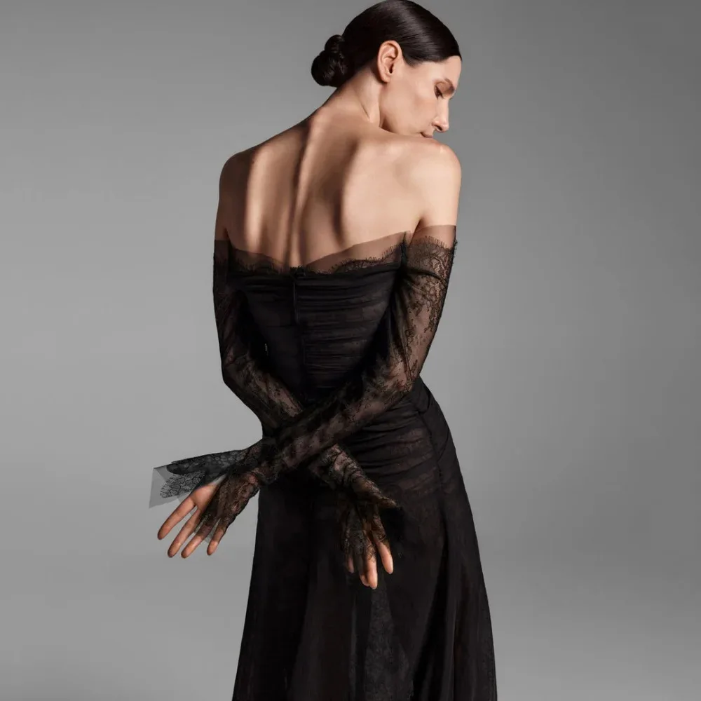 فستان سهرة أسود مثير قبالة الكتف عارية الذراعين الدانتيل الطمي ألف خط طويل حفلة موسيقية مهرجان عيد ميلاد فساتين رداء دي سواريه #3