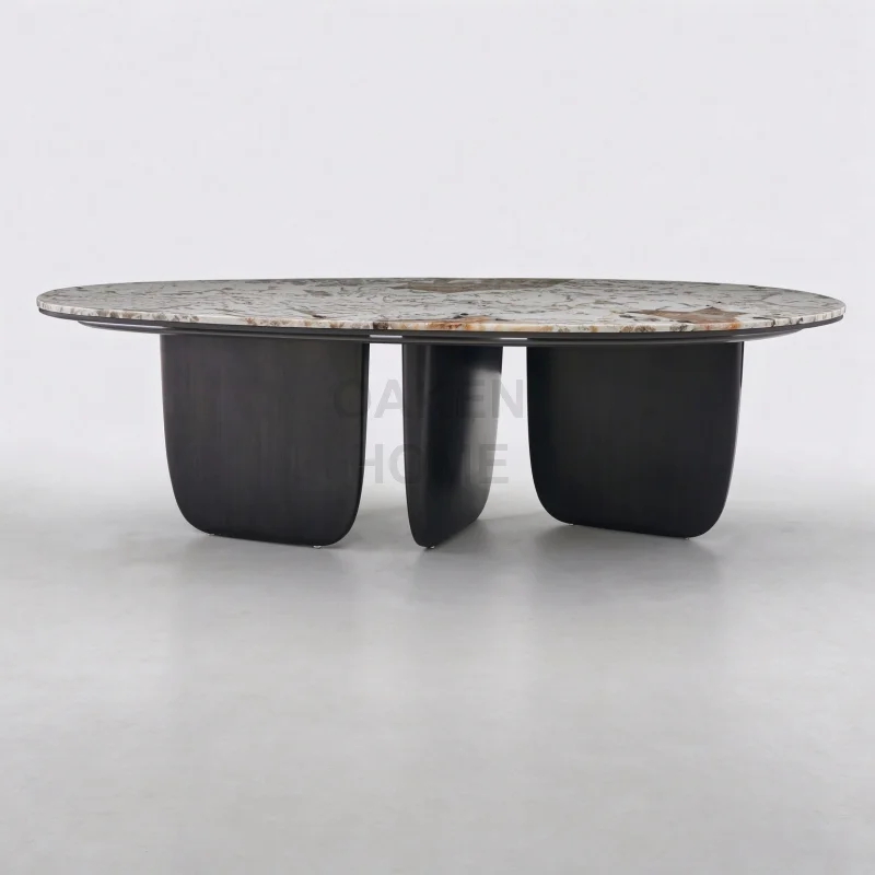 OAKEN Luxury Dining Room Oval Pandora Marble Dining Table with Dark Stained Solid Wood Base Customized for Dining Room Furniture