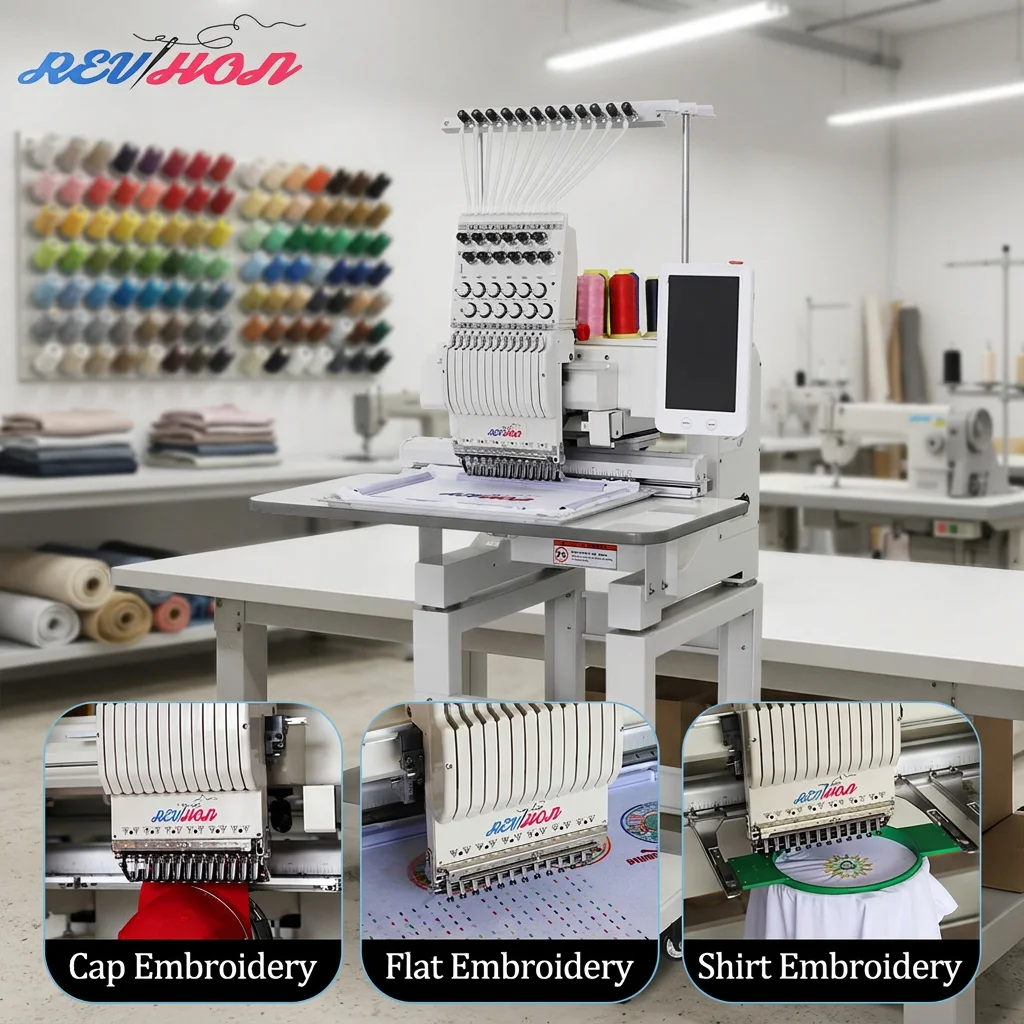 REVHON 1 Head 9/12 Needle Multifunctional Easy to Move Home Use Computerized Embroidery Machine