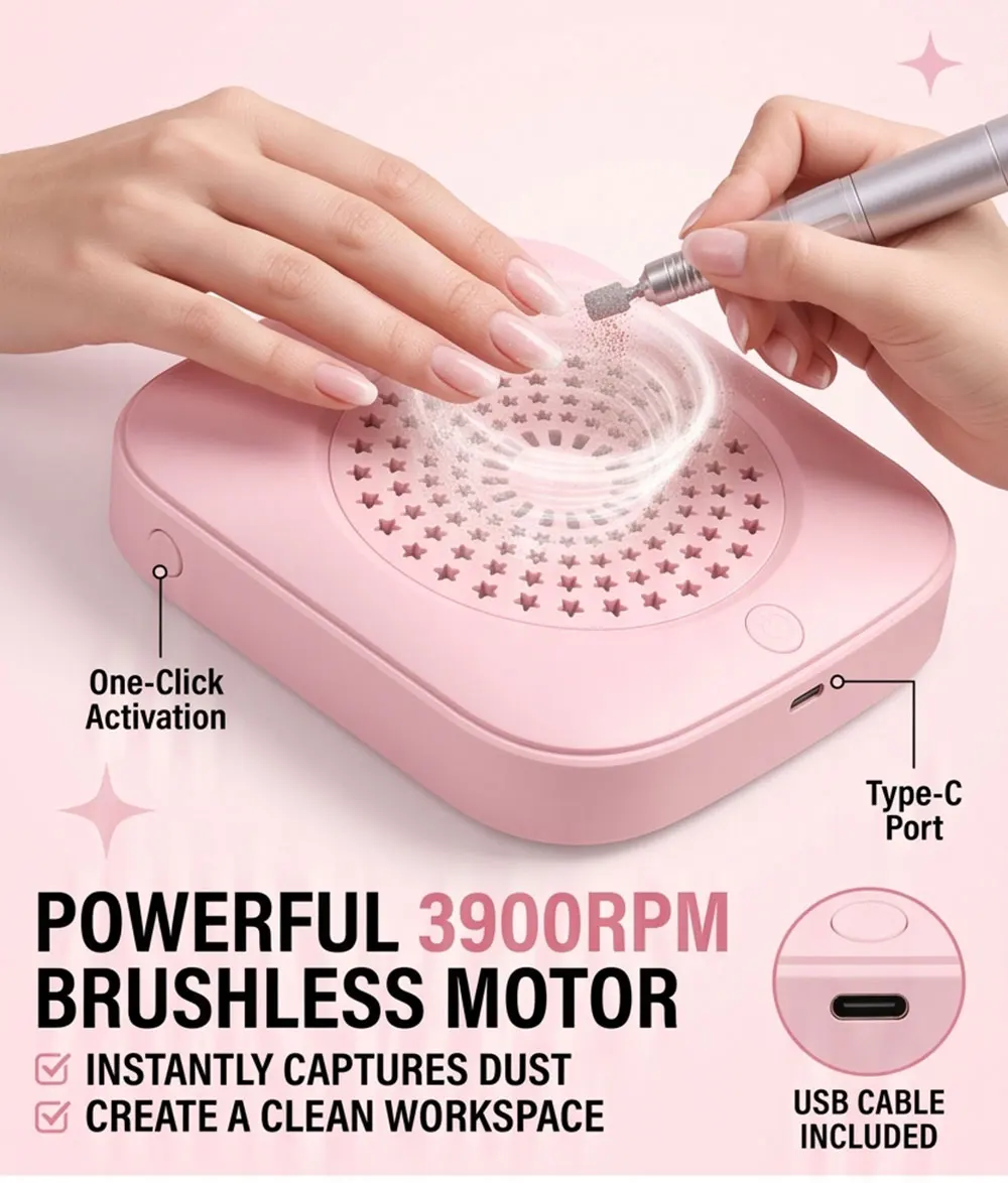 Nail Dust Collector 3900RPM Brushless Motor, USB Suction Vacuum Cleaner with 10 Filters for Acrylic Nails Salon Home Use
