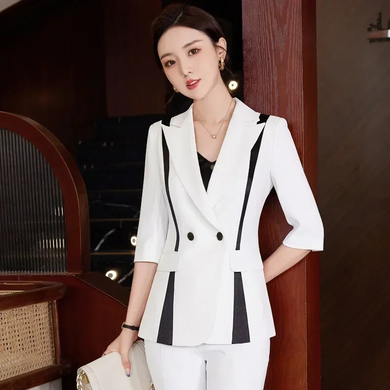 Pink Wanita setelan Blazer celana wanita musim semi kantor wanita bisnis pakaian kerja Fashion gadis Formal elegan mantel celana gaun Prom