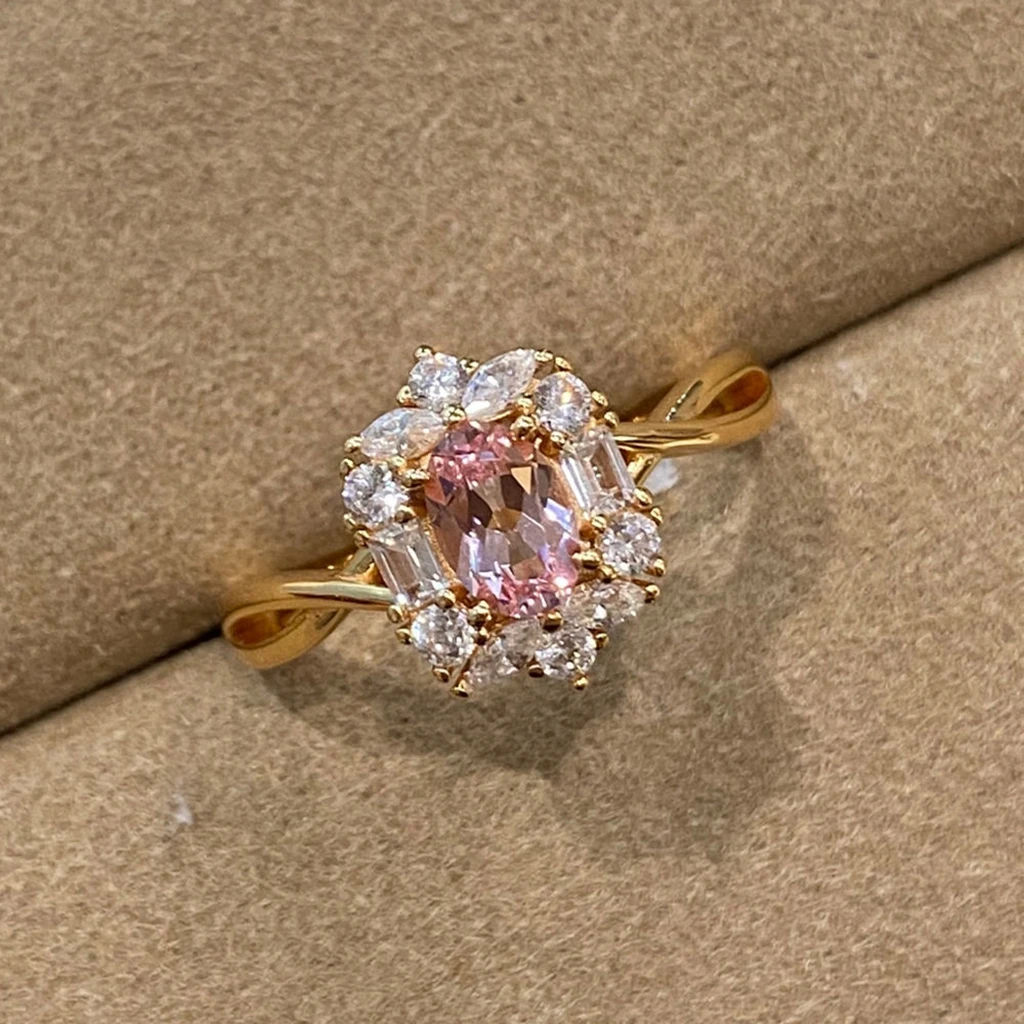 SONGYUN High Carbon Gemstones Jewelry S925 Lab‑Grown Halo Oval Padparadscha Sapphire Ring for Women, Crossover Shank Simulated